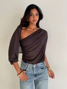 Aloruh Minimalist Commuter Elegant Sexy Versatile Premium One Shoulder Ruched Mixed Fabric Patchwork Long Sleeve 's Bodysuit - Brown - View 4