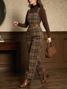 Auvina Plus Size Vintage Plaid Commuter Jumpsuit - Brown - View 4