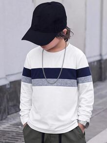 SHEIN 1件兒童青少年男孩休閒日常舒適拼接圓領寬鬆套頭長袖T恤，適合街頭風、日常穿著、外出、居家、度假 - 白色 - 查看 3