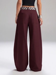 SHEIN EZwear 酒紅色大尺碼女款寬腿寬鬆休閒西裝長褲 - 酒紅色 - 查看 2