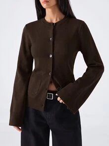 LYSMO Women's Vintage Single-Breasted Long Sleeve Pocket Knit Top - Brown - View 4