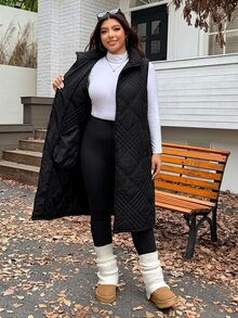 SHEIN EZwear 大尺碼女款純色休閒百搭冬季連帽填充外套 - 黑色 - 查看 6