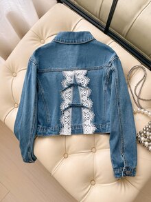 SHEIN Girls' Denim Jacket, Fashionable Versatile Vintage Washed Denim Coat With Lace Trim Patchwork Pattern And Bow Decor, Casual Lapel Collar, Long Sleeve Washed Denim Jacket - Blue - View 6