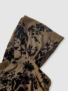 SHEIN MOD Plus Size Autumn/Winter Brown Flocked Print Crop Top, Vintage Court Style, Retro Daily Wear, Casual Holiday Outfit For Girls - Army Green - View 3