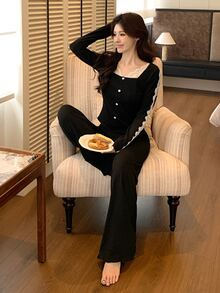 DAZY Women's Lace Trim Top And Pants Pajama Set - Black - View 5