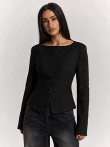 SHEIN BAE 女款純色長袖單排扣休閒通勤西裝外套 - 黑色 - 查看 5