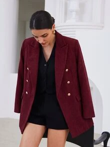 Aveloria Modichic 女款修身收腰紋理粗花呢雙排扣金鈕扣尖領優雅商務酒紅色秋季感恩節洋裝 - 紅色 - 查看 4