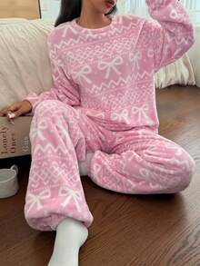 SHEIN European & American Fluffy Pajama Set For Women, Autumn/Winter Premium Flannel Loungewear - Pink - View 6