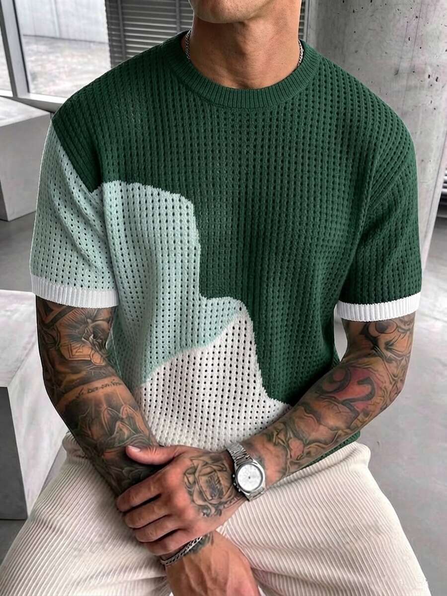 Manfinity LEGND Men's Colorblock Crew Neck Short Sleeve Casual Knit Top - Dark Green - View 1