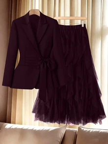 GlowEve CURVE Plus Size Jacket Mesh Skirt Suit Set - Brown - View 1