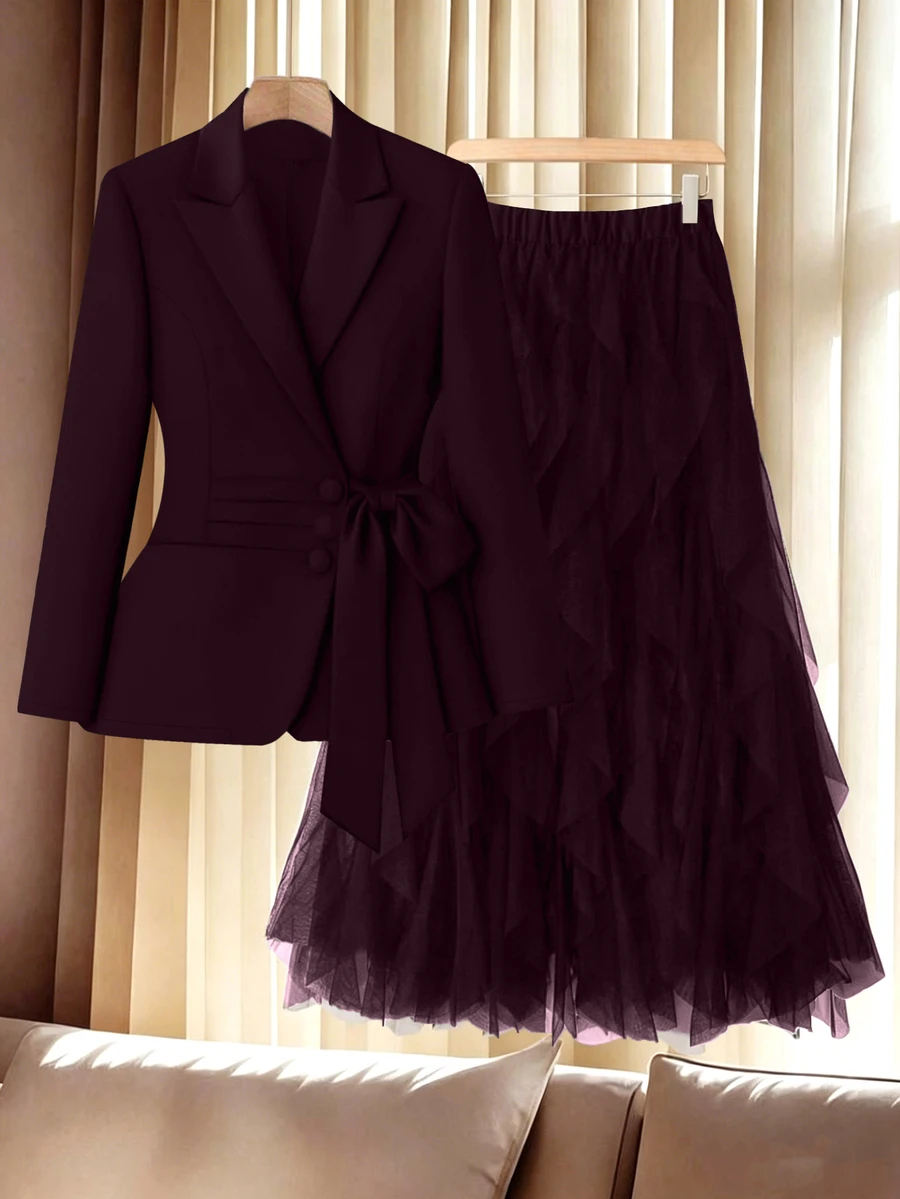 GlowEve CURVE Plus Size Jacket Mesh Skirt Suit Set - Brown - View 1
