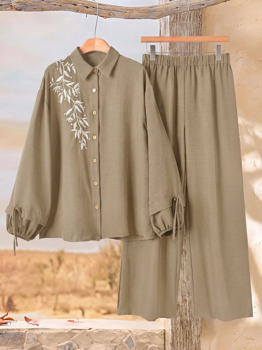 Rusticease 女款植物刺繡圖案長袖上衣與長褲休閒日常兩件套 - 卡其色 - 查看 1