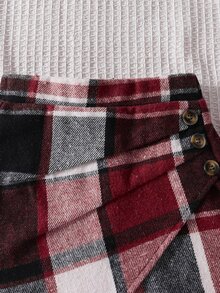 Elladie kids Young Girl Wine Red Knit Long Sleeve + Plaid Asymmetrical Skort (Includes Hat) Set Suitable For Late Autumn, Early Winter, Early Spring - Burgundy - View 8