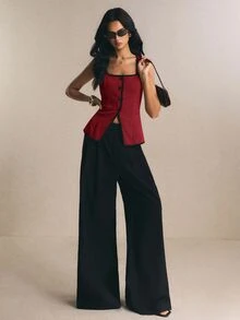 Poéselle 女款復古拼色鈕扣優雅背心，適合度假穿著 - 紅色和黑色 - 查看 6