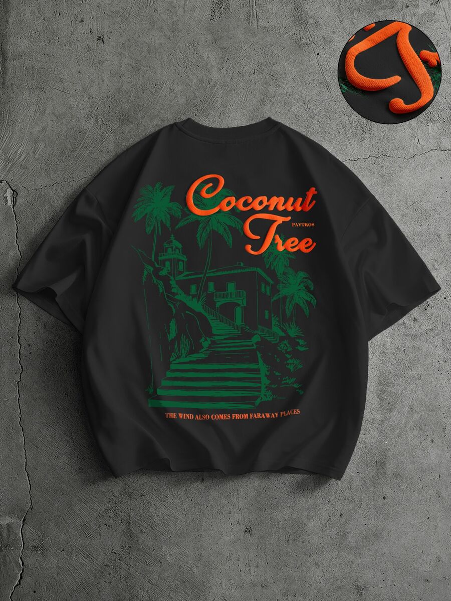 PAVTROS 男士字母印花休閒熱帶街頭風日常度假短袖T恤，黑橘配色，夏季款 - 黑色 - 查看 1