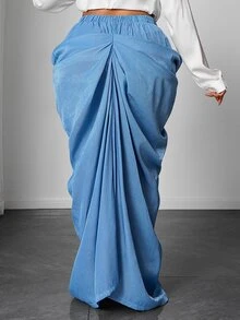 Maweii Plus Size Women's Solid Color Pleated Casual Versatile Everyday Skirt Fall - Baby Blue - View 2