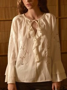 MOTF STUDIO WOMEN'S FLORAL EMBROIDERED PATTERN CASUAL VERSATILE DAILY WEAR SHIRT - White - View 7
