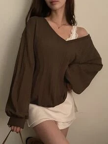 DAZY Sweater Wanita Warna Polos Rajut Longgar Leher V Dalam Lengan Panjang Kasual Gaya Vintage untuk Liburan Musim Semi/Gugur - Coklat - View 8