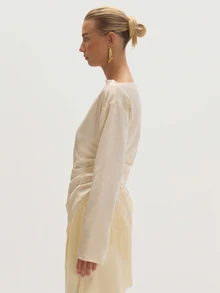 MUSEYN Cream Satin Tassel Fringe Hem Ruched Cinched Top Versatile Everyday Casual Fall Date Night - Apricot - View 3
