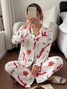 Napfluff Christmas Element Print Open Front Lapel Bubble Crinkle Comfortable Women's Pajama Set - Apricot - View 3