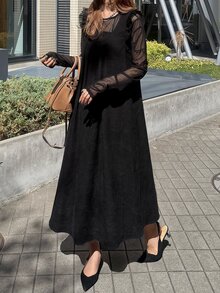 FRIFUL Women's Solid Color Pleated Round Neck Flutter Sleeve Loose Long Dress - Black - View 3