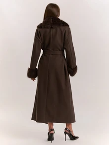 SHEIN BAE Women's Faux Fur Patchwork Long Sleeve Wool Blend Coat - Coffee Brown - View 2