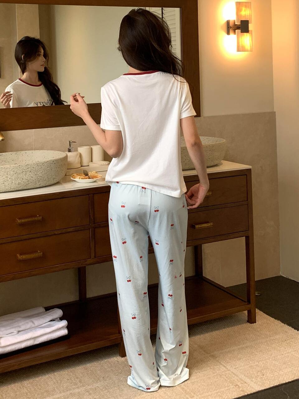 2pcs/Set Women's Loose Short Sleeve Cherry Print Striped Long Pajama Pants Sleepwear Set
