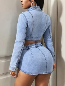BamGleam طقم جينز نسائي عصري لباس علوي طويلة الأكمام وتنورة قصيرة - الأزرق - مشاهدة 2