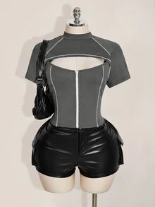 SHEIN ICON 女款大尺碼拼色鏤空休閒日常穿搭T恤 - 灰色 - 查看 6