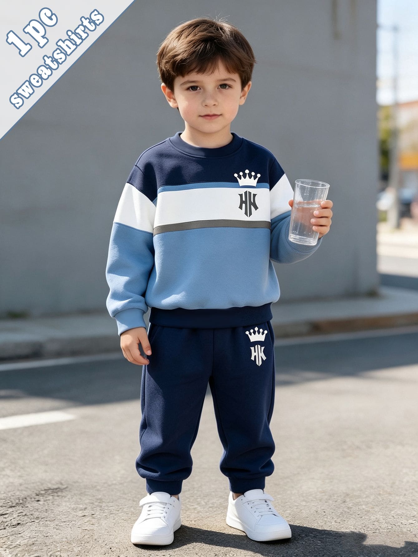 1pc Toddler Royal Blue Crown NY Letter Print Fleece Crew Neck Sweatshirt, Color Block Striped Design, Sports Outdoor Casual, Suitable For Autumn/Winter - Multicolor - View 1