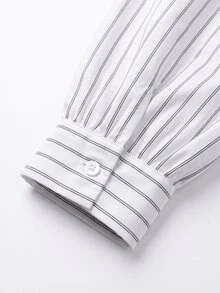 Grovea Plus Size French Style Polo Collar Striped Long Sleeve Cinched Cinched Waist Fashion Versatile Premium Blouse - White - View 5