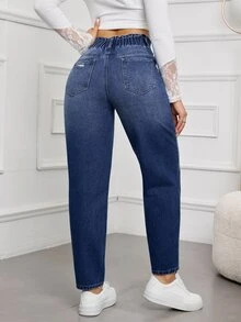 SHEIN Tall 女款時尚鈕扣口袋磨損牛仔褲 - 深色水洗藍 - 查看 3