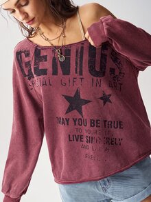Bohemela 休閒純色針織不對稱領長袖寬鬆水洗女款衛衣 - 酒紅色 - 查看 8
