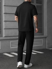 SLATEMANN 男士純色短袖襯衫與長褲休閒日常穿搭 - 黑色 - 查看 2