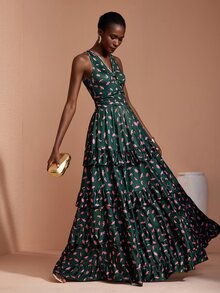 JIAN LASALA Knit Sleeveless O-Ring Halter Neckline Multi Ruffle Layers Ruched Long Dress Elegant - Multicolor - View 6