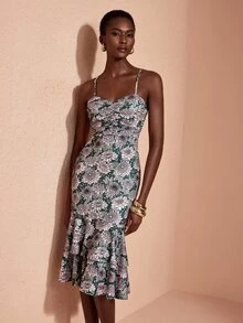JIAN LASALA Knit Floral Print Adjustable Strap Double Ruffle Layers Ruched Midi Dress Elegant Vacation - Multicolor - View 3