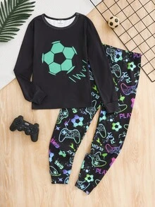 SHEIN 青少年男孩足球紮染塗鴉印花圓領長袖上衣與長褲休閒舒適修身居家睡衣套裝 2件組 - 彩色 - 查看 1