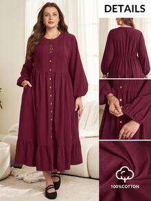 EMERY ROSE Plus Size Burgundy Ruched Button Front Ruffle Round Neck Long Sleeve Dress Fall Winter 2026 - Burgundy - View 4