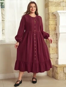 EMERY ROSE Plus Size Burgundy Ruched Button Front Ruffle Round Neck Long Sleeve Dress Fall Winter 2026 - Burgundy - View 8
