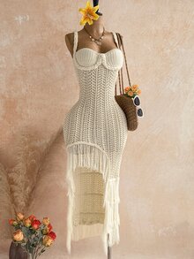 Soleia Women's Hollow Out Tassel Decor Knitted Dress For Vacation - Apricot - View 7