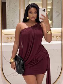 Slaydiva Sexy Street Date Party Women Slim Fit High Elastic Digital Print Mesh Ribbon Pleated Asymmetrical Shoulder Twisted Design Mini Dress Plus Size Dress - Burgundy - Burgundy - View 1