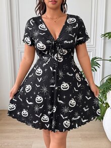 SHEIN EZwear 大尺碼度假風南瓜印花百褶綁帶洋裝 - 黑與白 - 查看 1