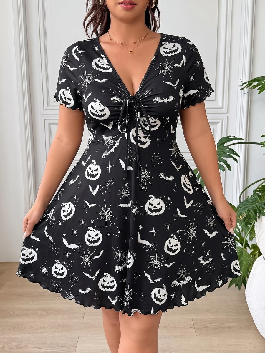 SHEIN EZwear 大尺碼度假風南瓜印花百褶綁帶洋裝 - 黑與白 - 查看 1