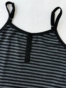 SHEIN Elladie kids Teen Girl Button Design Striped Camisole, All-Match Versatile Daily Style, Perfect For Everyday Wear, Outdoor Travel And More - Black - View 5