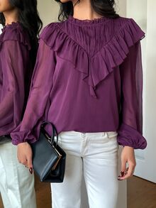 Aloruh Blus Wanita Model A-Line Berkerut dengan Kerah Bulat dan Lengan Kelopak, Motif Boho Ungu Tua, Motif Liburan, dan Hiasan Pagar. - Red Violet - View 3