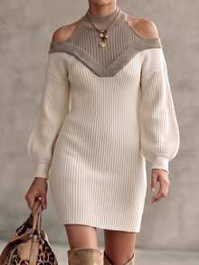 Velvienne Plus Size Women's Colorblock Mock Neck Cold Shoulder Knit Dress - Beige - View 3