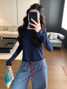 DAZY 2pcs Women's Pajama Set, Solid Color Slim Fit Long Sleeve T-Shirt And Striped Loose Long Pajama Pants - Navy Blue - View 5