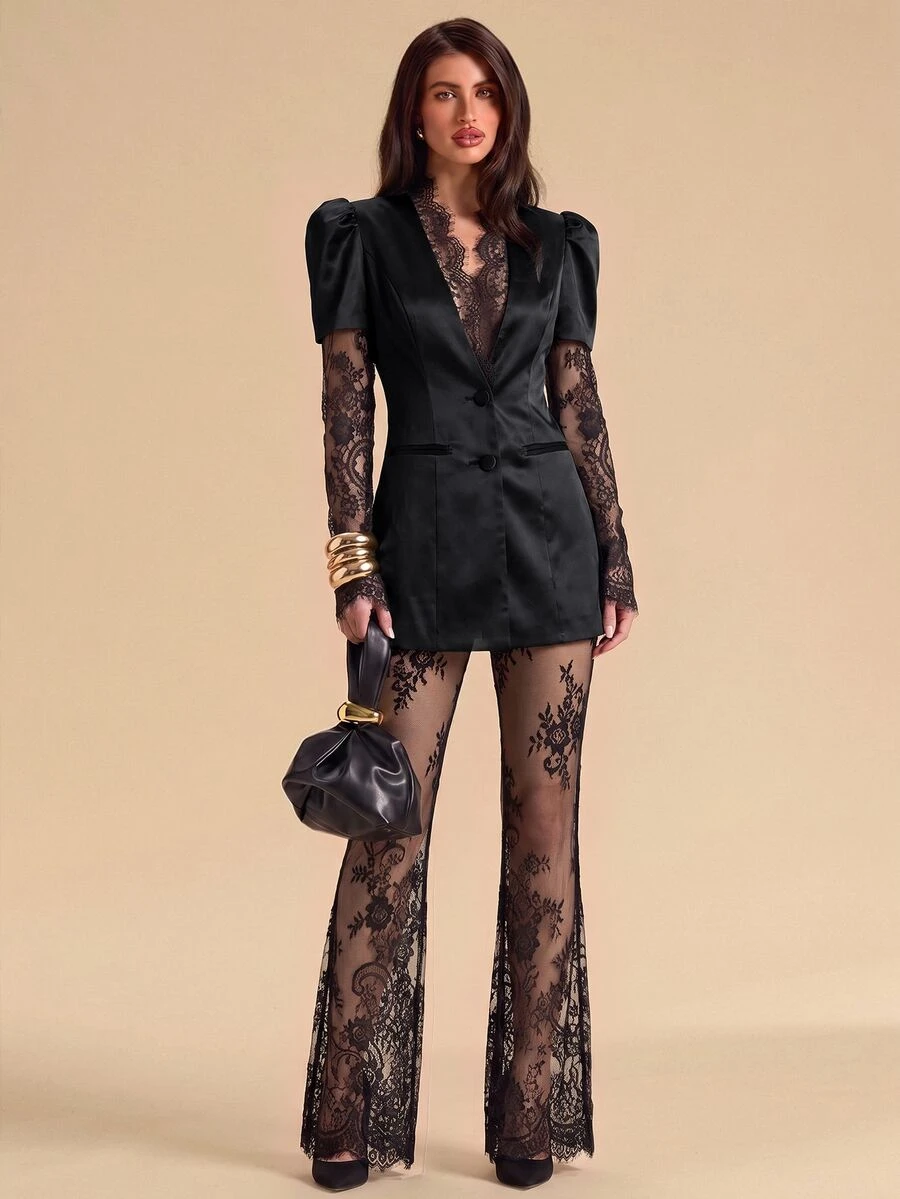SHEIN BAE Elegant Sexy Lace Patchwork Jacket And Pants Suit Set - Black - View 1