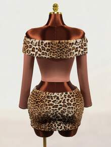 Mistrie Women's Sexy Fitted Off-Shoulder Rabbit Fur Patchwork Top + Rabbit Fur Button Shorts - Multicolor - View 2