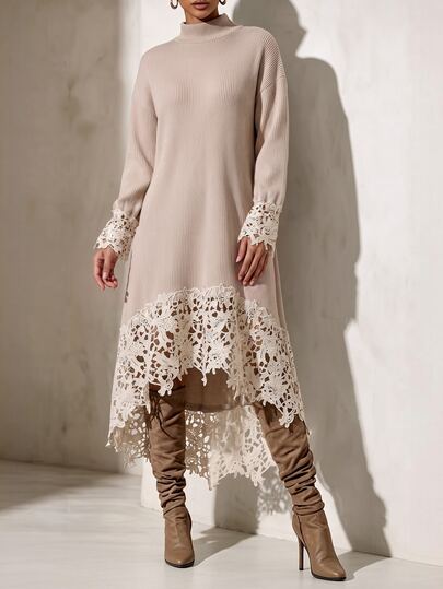 SHEIN Women's Dress, Women's Casual Dress, Women's Simple Dress, Women's Lace Patchwork Dress, Women's Vacation Outfit, Women's Autumn Outfit, Women's Winter Clothing, Women's Long Sleeve Dress, Women's Khaki Dress, Women's Home Dress